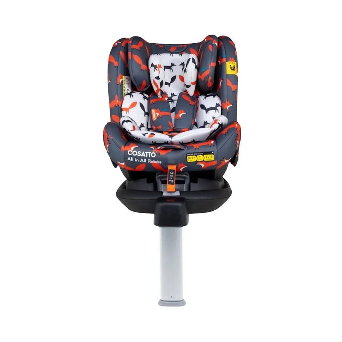 Charcoal car seat with orange fox print, padded headrest and 5-point harness, rotate base