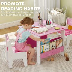 AIYAPLAY Kids Table & Chair Set with Bookshelves – Pink