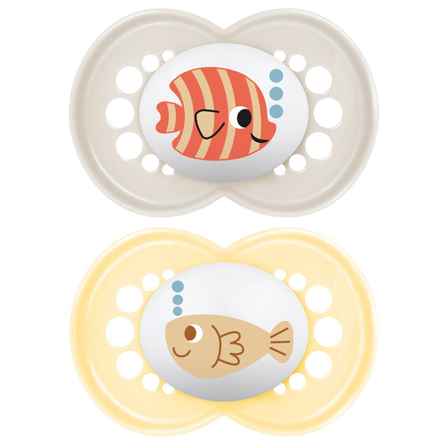 MAM Original soothers, two translucent shields with colorful fish designs