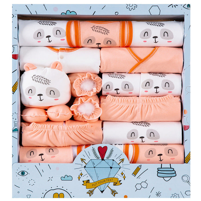 Newborn baby clothing set in a gift box, white and orange with bear face prints