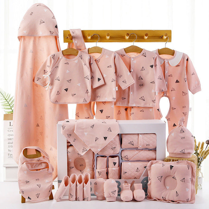 Pink baby cotton clothing gift set with hooded coverall, shirts, bibs, socks, and booties