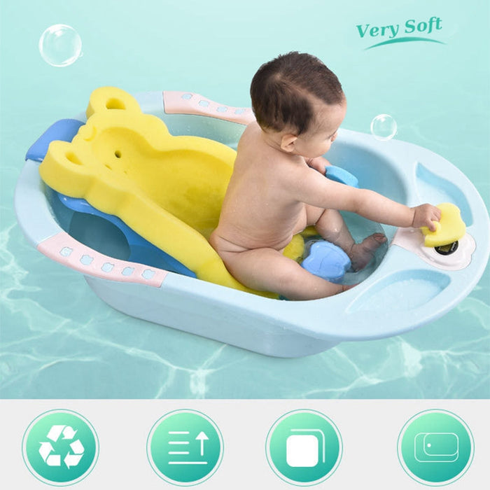 Baby bathtub with non-slip seat pad and yellow bear-shaped support insert