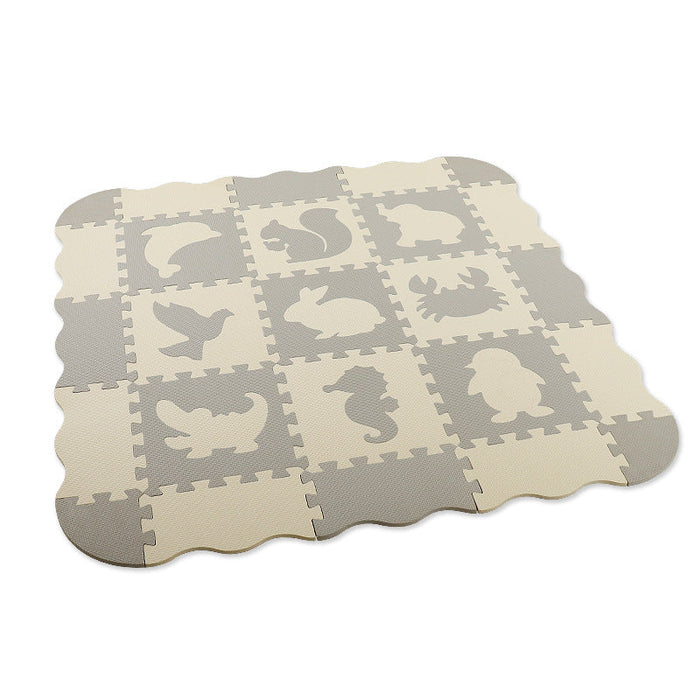 Puzzle floor mat with interlocking animal-print foam tiles, gray and cream