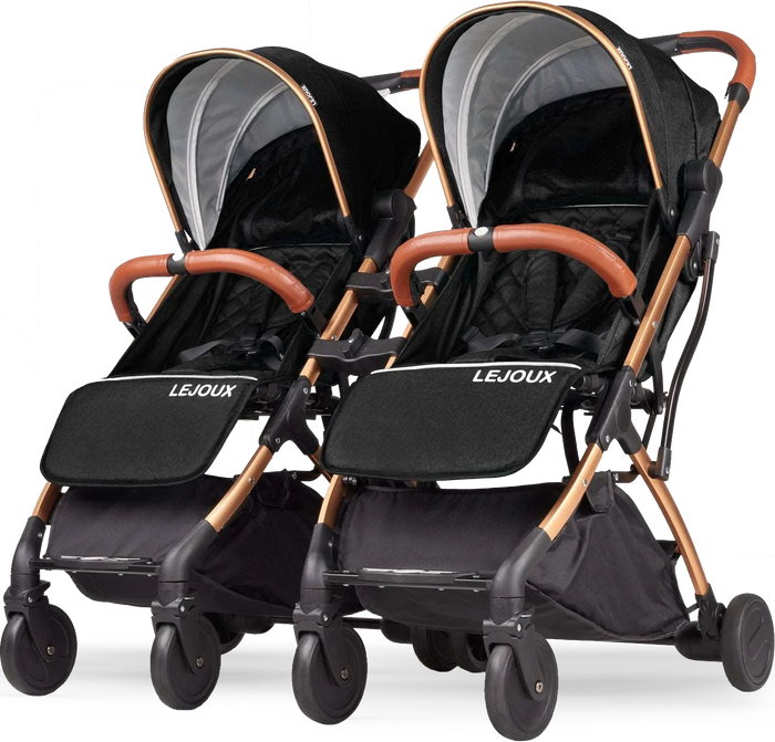 Twin stroller with two black fabric seats, padded canopies, and harnesses