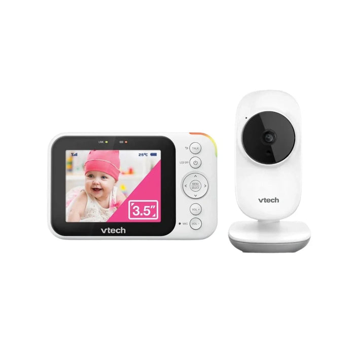 3.5-inch video baby monitor with white handheld LCD display and camera unit