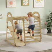 AIYAPLAY 6 in 1 Kids Climbing Frame with Slide, Monkey Bars, Gymnastics Rings, Ladder, Climbing Net, for 3-6 Years, Natural Tone image 1