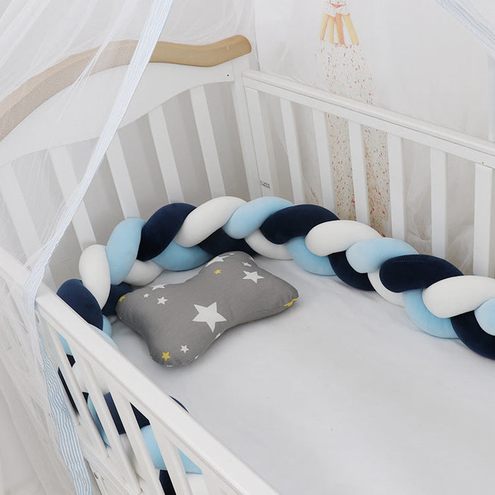 Baby crib braided bumper knot pillow cushion, navy and light blue with gray star pad