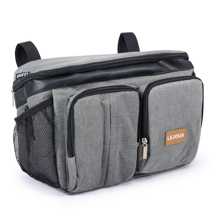 Black hanging storage bag with front mesh pocket and two zip compartments.