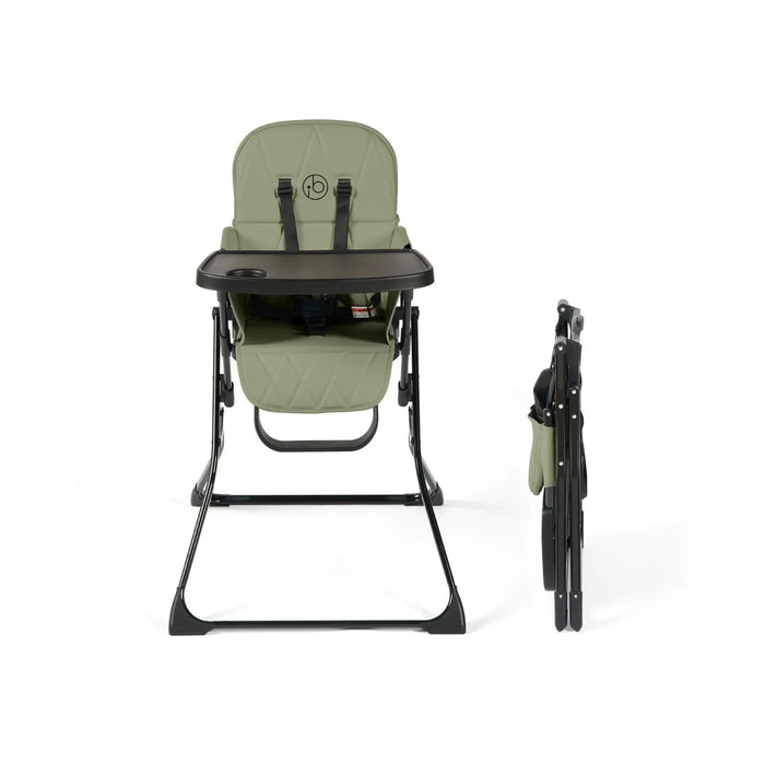 Sage green baby highchair with black tray, 5-point straps, and folding legs.
