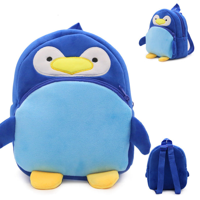 Blue plush penguin toy backpack with front pocket and dangling feet