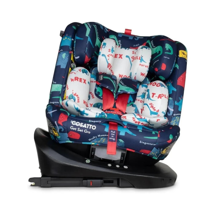 Dinosaur-pattern infant car seat with padded headrest and five-point harness