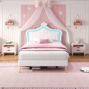 3ft Single Bed with LED Lights Princess Crown Headboard PU Leather Cream White image 2