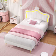 3ft Single Bed with LED Lights Princess Crown Headboard PU Leather Cream White image 4