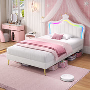 3ft Single Bed with LED Lights Princess Crown Headboard PU Leather Cream White image 5
