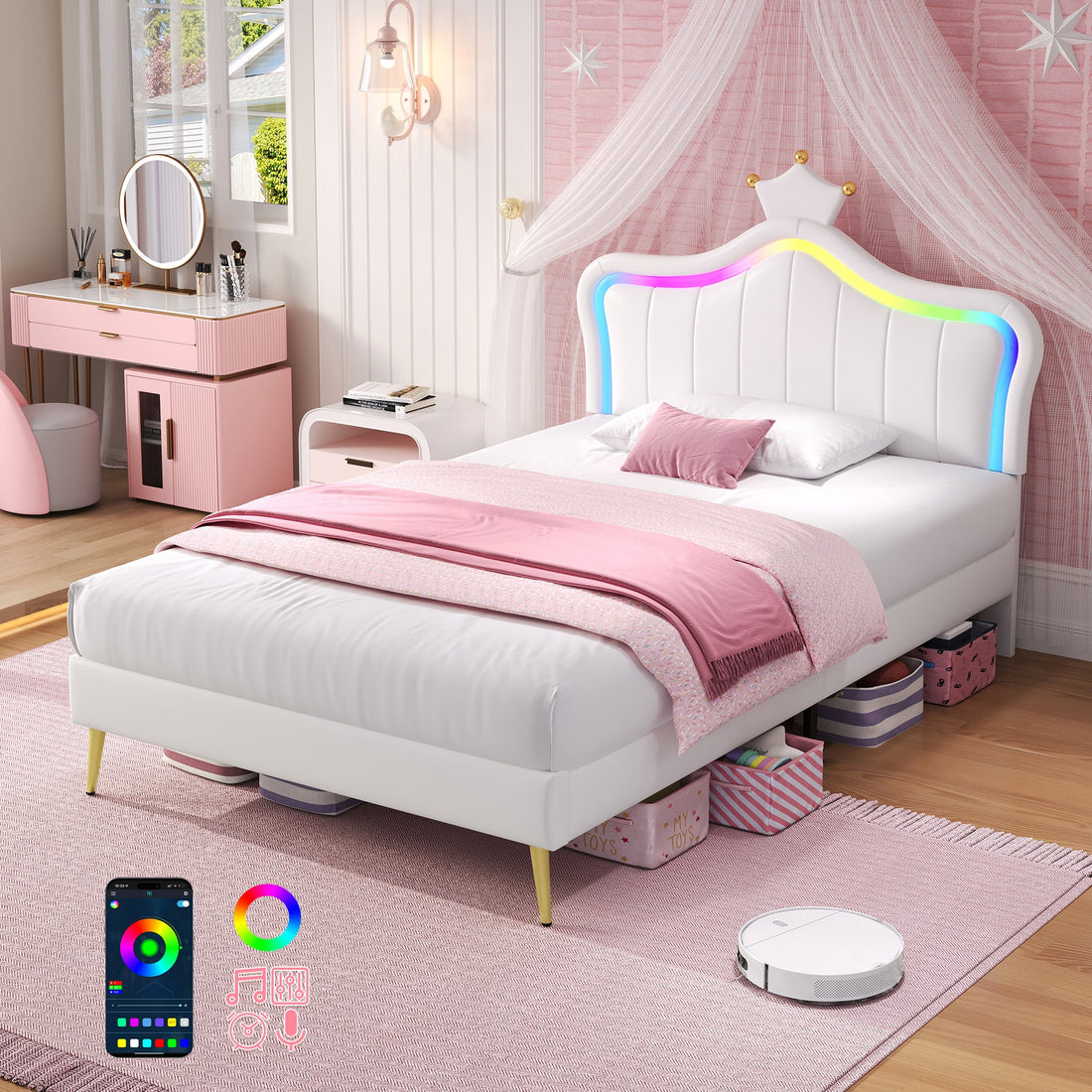 3ft Single Bed with LED Lights Princess Crown Headboard PU Leather Cream White