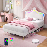 3ft Single Bed with LED Lights Princess Crown Headboard PU Leather Cream White image 1