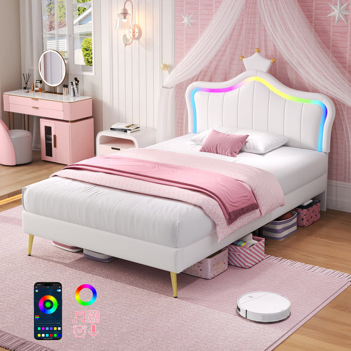 Cream white single bed with crown headboard and rainbow LED light trim, pink cover on mattress