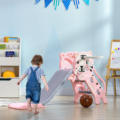 AIYAPLAY 3 in 1 Baby Slide for Indoor Use with Climber, Basketball Hoop, Basketball, for Ages 18-36 Months - Pink