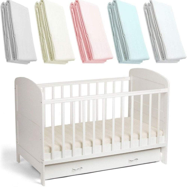 Cot fitted sheet set, 100% cotton, folded in multiple colors (cream, pink, blue, lemon, grey).