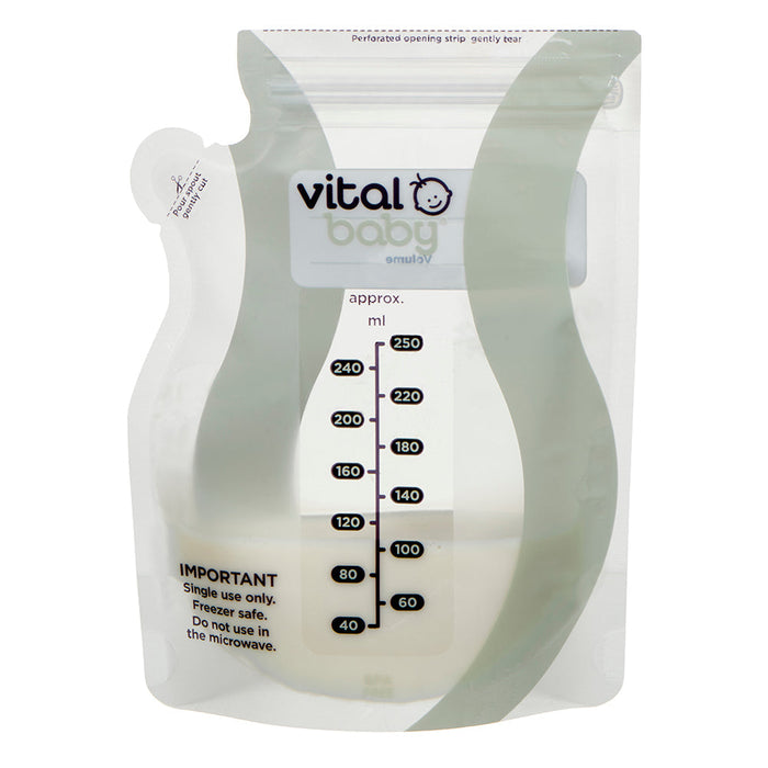 Vital Baby breast milk storage bag with measurement scale and pour spout