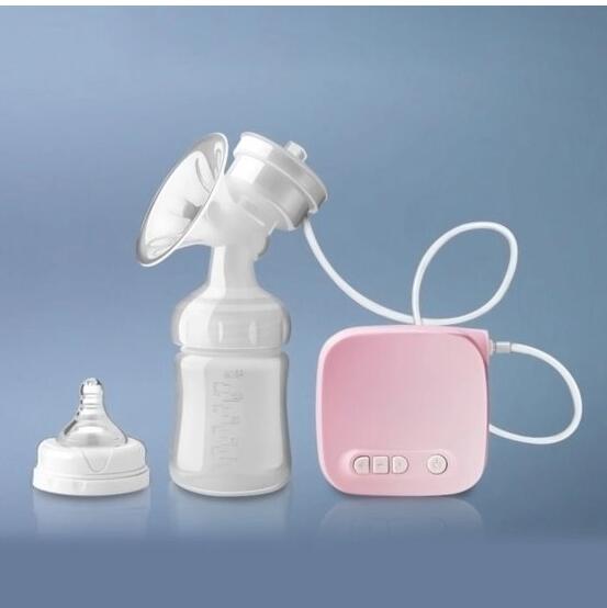 Electric breast milk pump kit with white pump, bottle, and pink control unit