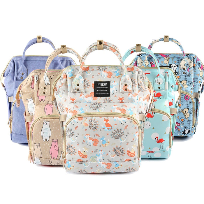Stroller storage bag with assorted animal prints, multiple colors, top handles