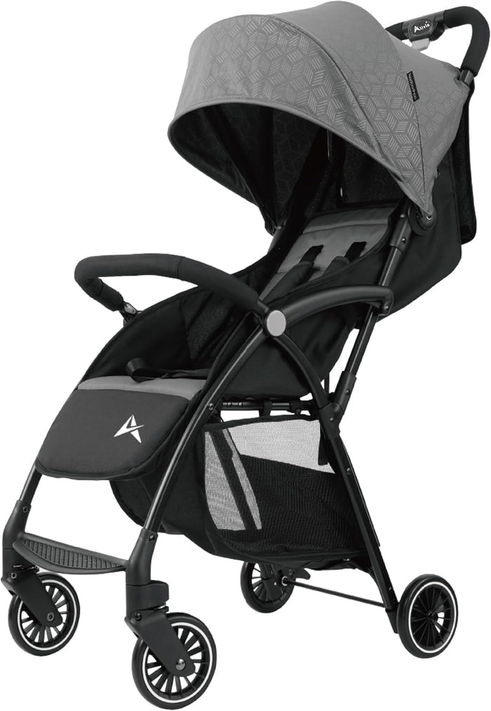 Grey lightweight folding baby stroller with canopy and safety harness