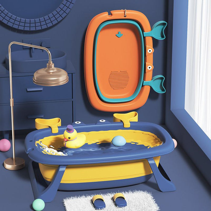Foldable baby bathtub in orange with teal rim, foldable legs, and side handles