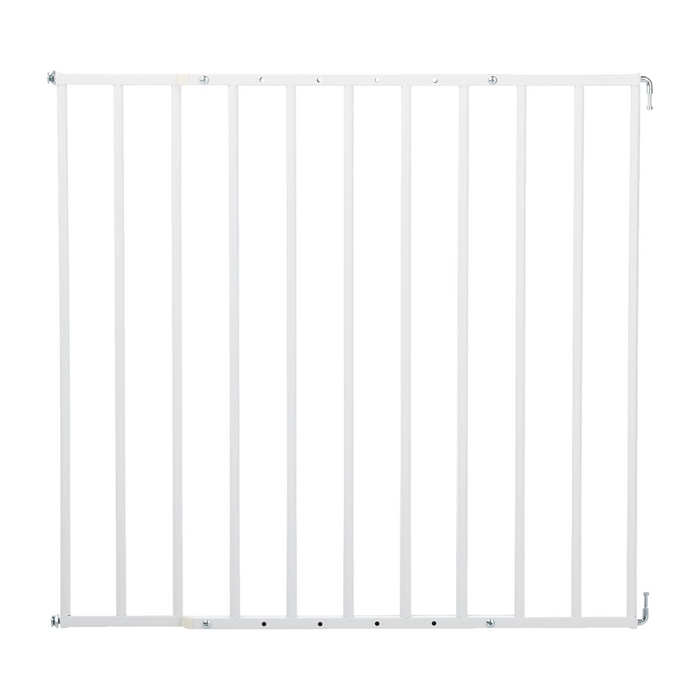 White metal stair safety gate with vertical bars and secure frame