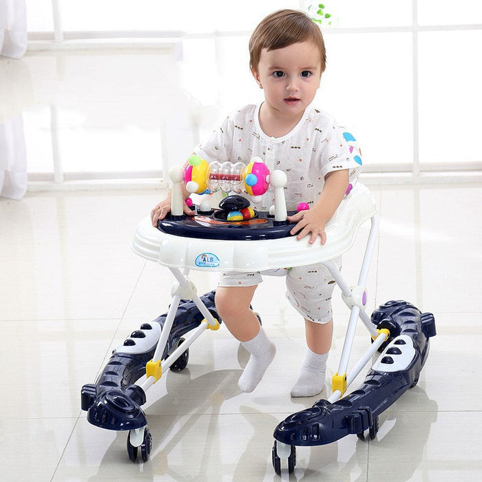 Baby walker with anti-rollover frame, navy base, yellow wheels, activity tray