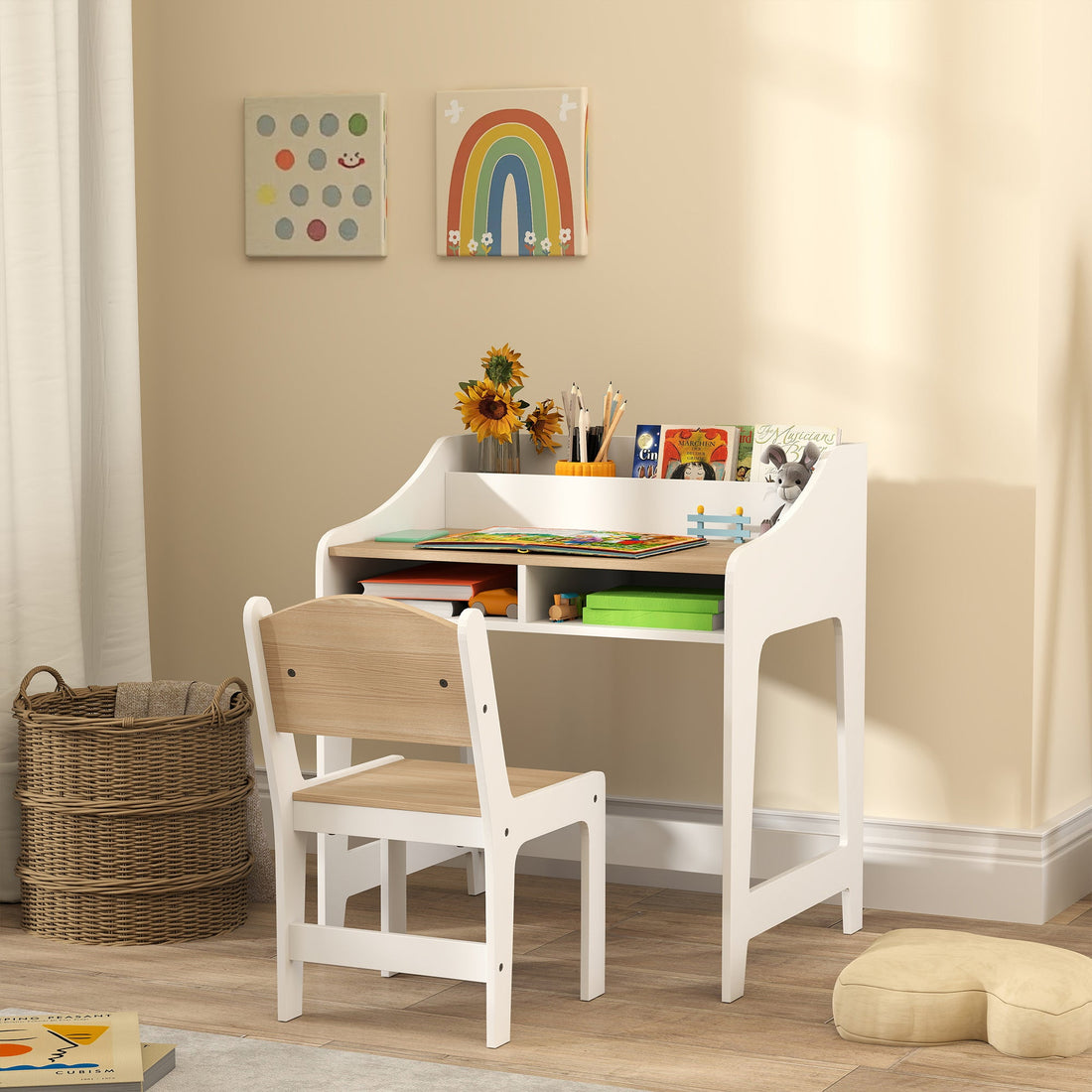 AIYAPLAY Kids Desk & Chair Set with Storage Shelves – Natural