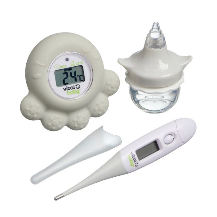 Baby healthcare kit with room thermometer, nasal decongestor, and flexi thermometer