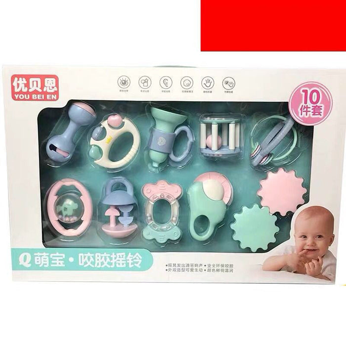Baby rattle educational toy set in mint and pastel pieces inside a retail box