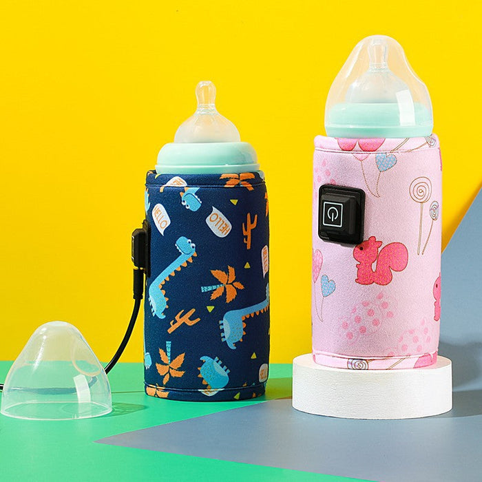 Navy baby bottle warmer cooler bag with dinosaur pattern and carry handle loop
