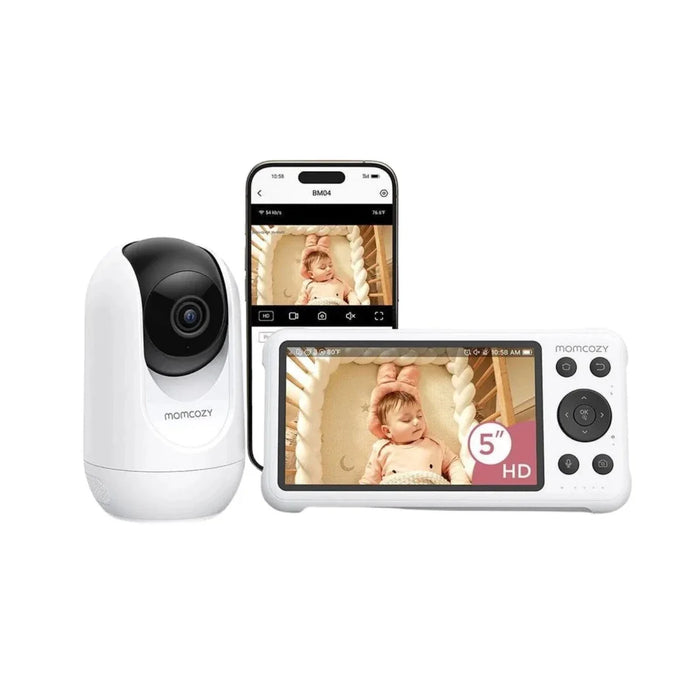 Dual-mode baby monitor with camera, white base and handheld display with live video