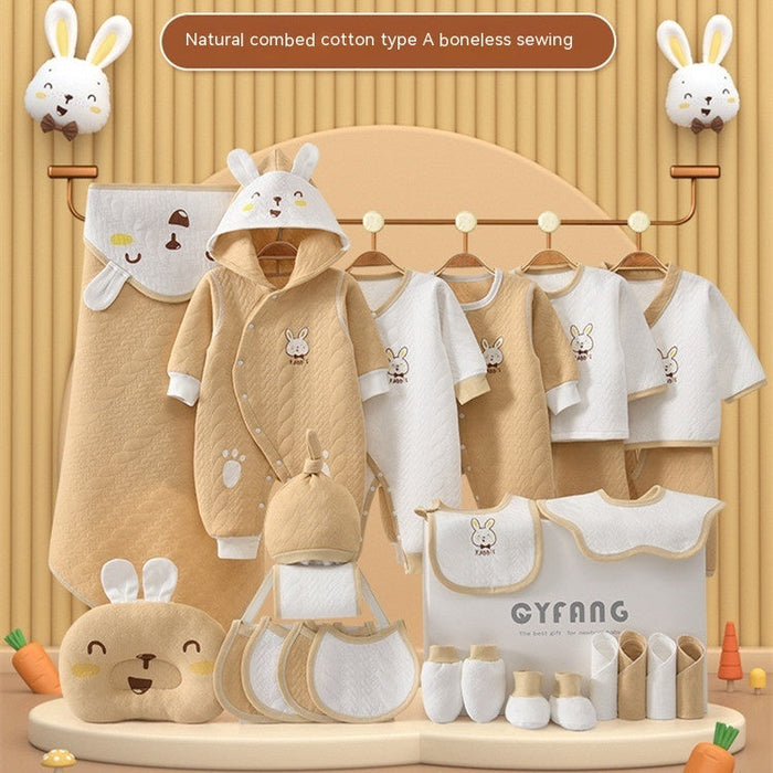 Rabbit-themed newborn gift set with beige and white hooded outfits, bibs, socks, and hat