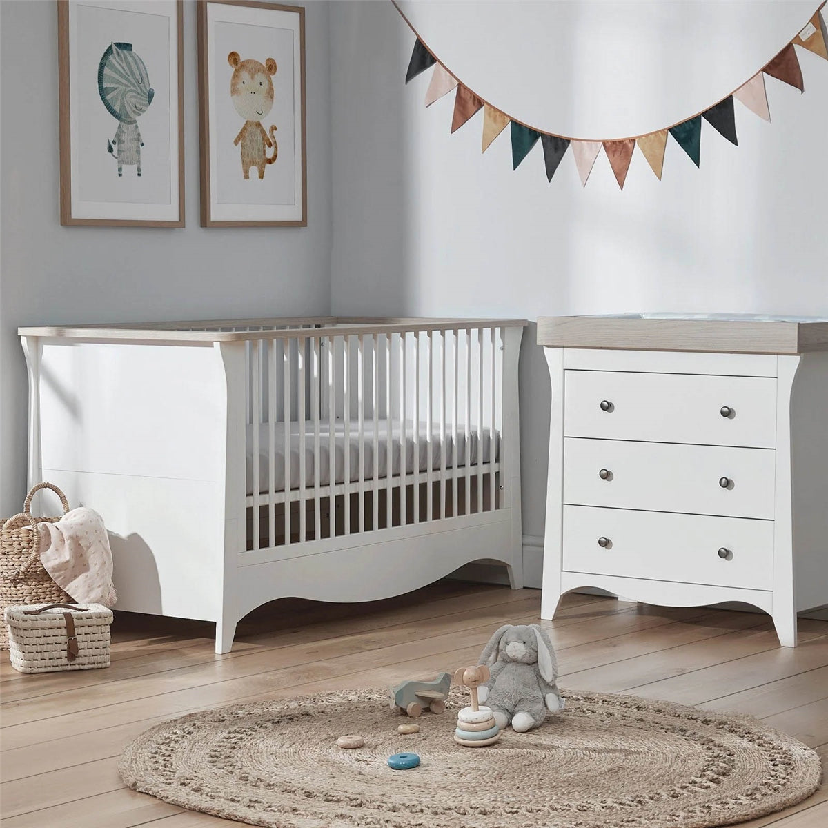 CuddleCo Clara 2 Piece Nursery Furniture Set with Cot Bed & Dresser – White/Ash