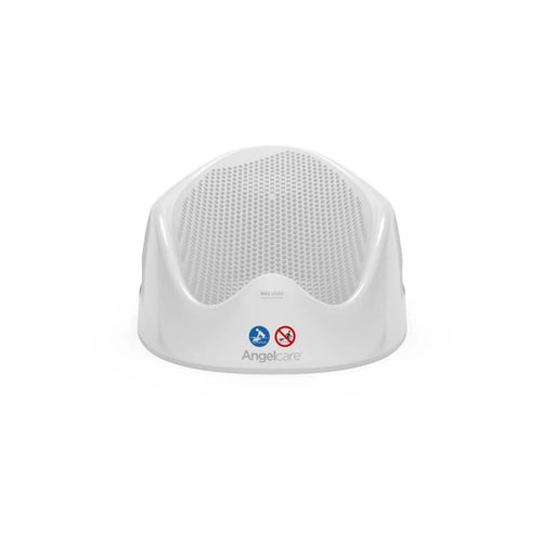 Baby bath support with raised grey mesh center, rounded white base