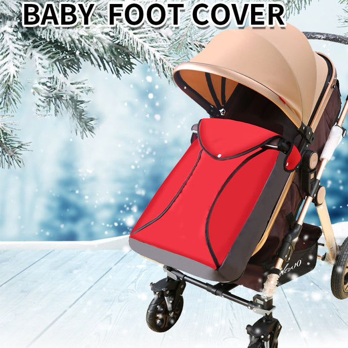 Infant stroller foot cover with red quilted seat panel and padded headrest