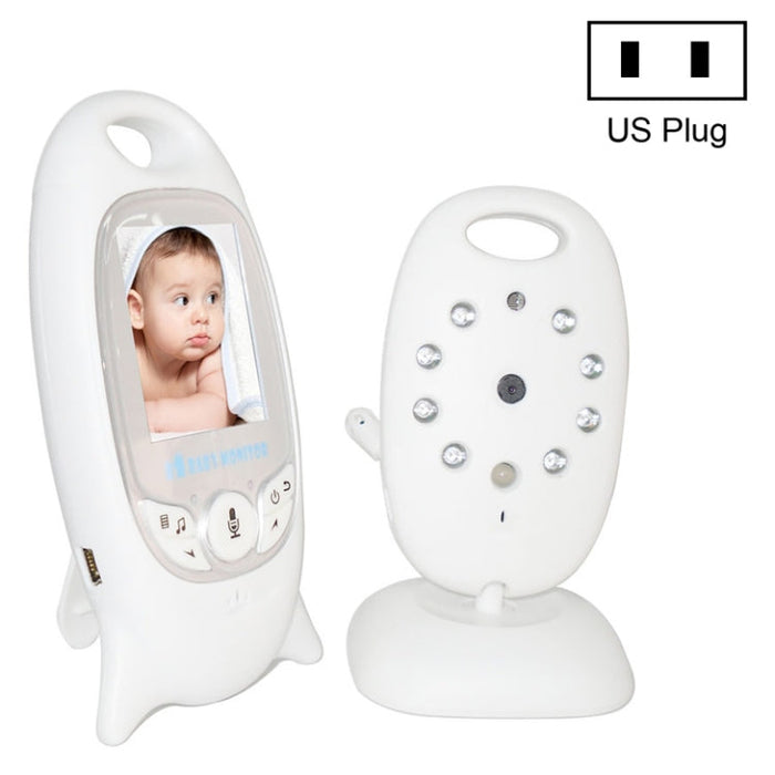 White portable baby monitor with 2-way audio and US power plug, front display visible.