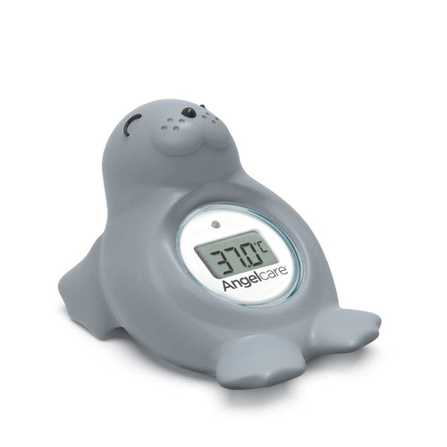 Gray seal-shaped bath thermometer with digital display and Angelcare logo