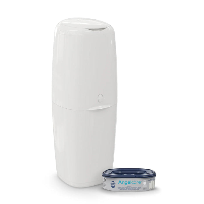 White XL nappy bin with lidded top and a blue-and-white refill cartridge beside it