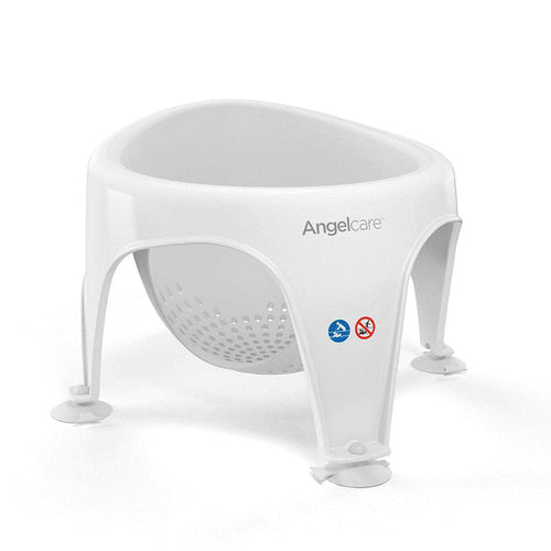 Grey soft-touch bath seat with front opening, padded perforated sling, and suction feet