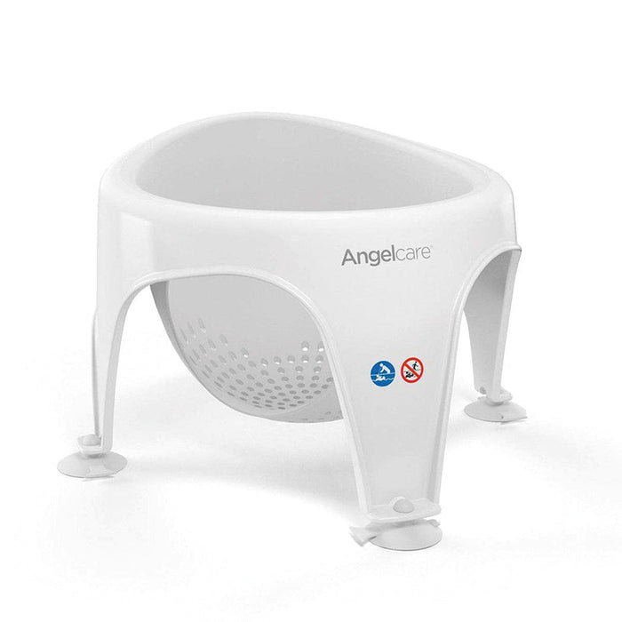 Grey soft-touch bath seat with front opening, padded perforated sling, and suction feet