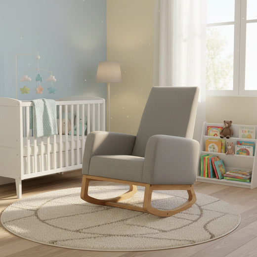 Askern Rocking Chair – Natural Oak &amp; Grey Linen – Wooden Nursery Rocker