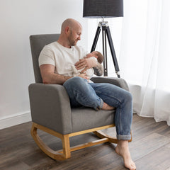 Askern Rocking Chair – Natural Oak &amp; Grey Linen – Wooden Nursery Rocker