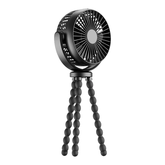 Black attachable handheld fan with grille and flexible bead tripod stand