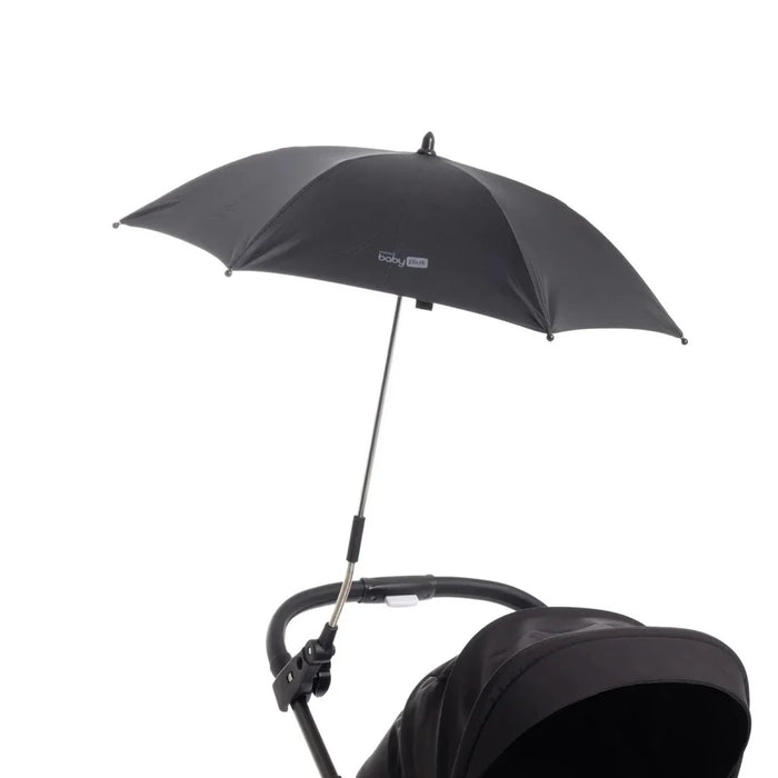 Black stroller parasol with canopy and central pole attached to stroller