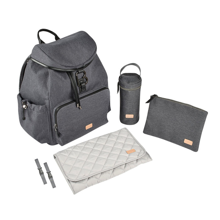 Dark grey backpack changing bag set with bottle holder, pouch, and changing mat