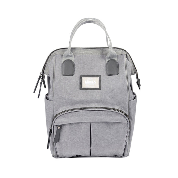Béaba Wellington grey backpack changing bag with front zip pocket and top handles